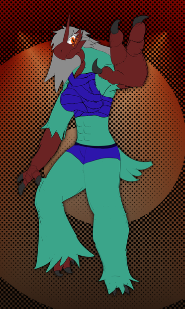 A Blaziken oc with teal fur and red scales