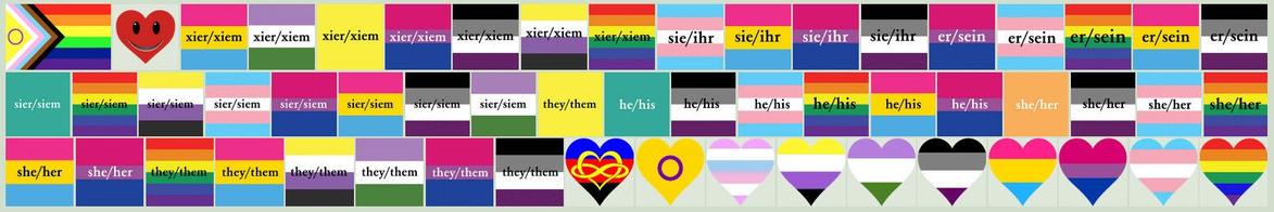 Several pride flags, some also in heart shapes and with pronouns in English and German