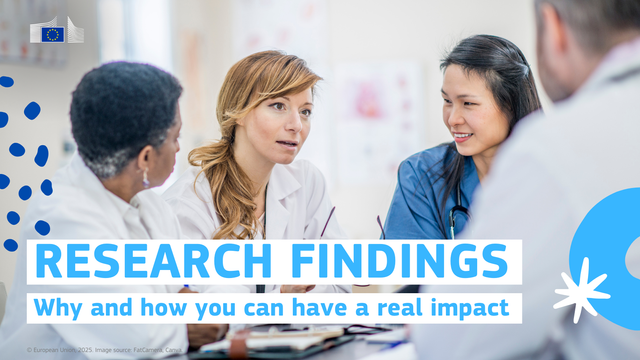 Photo of scientists discussing. Text reads: Research findings - Why and how you can have a real impact