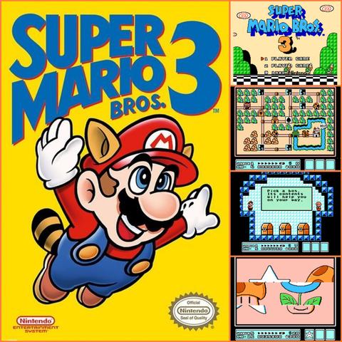 A compilation of the box art and several screenshots from the Super Mario Bros. 3 game, including the title screen, first world map, and the lining up pictures mini game.
