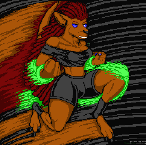 A brown, humanoid, athletic and feminine kangaroo person leaps through the air with their fists clenched and their knee forward in a flying attack, a blurred trail behind them and dark-gray speedlines around them. They have ankle-length, frizzy red hair matted into dreadlocks, short on the crown and long in the back. They glare with solid blue eyes and clenched teeth. They are wearing a black, off-shoulder crop top highlighting the strength in their shoulders, waist and arms; two metal bracers that flare behind them; tight black running shorts revealing their powerful leg muscles; and black ankle protectors on their long kangaroo feet. The bracers are glowing with green energy, which is being directed into their knee for their furious attack. In one corner, two URLs can be seen: "stale dash meme dot itch dot io slash zoz", and "the green herring dot neo cities dot org".