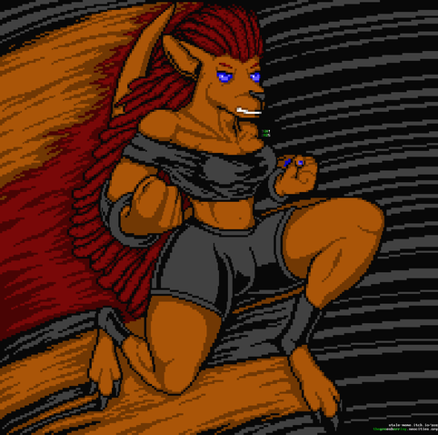 A brown, humanoid, athletic and feminine kangaroo person leaps through the air with their fists clenched and their knee forward in a flying attack, a blurred trail behind them and dark-gray speedlines around them. They have ankle-length, frizzy red hair matted into dreadlocks, short on the crown and long in the back. They glare with solid blue eyes and clenched teeth. They are wearing a black, off-shoulder crop top highlighting the strength in their shoulders, waist and arms; two metal bracers that flare behind them; tight black running shorts revealing their powerful leg muscles; and black ankle protectors on their long kangaroo feet. In one corner, two URLs can be seen: "stale dash meme dot itch dot io slash zoz", and "the green herring dot neo cities dot org".