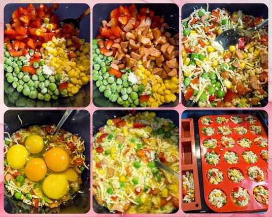 Bildcollage aus 6 Fotos. Blick in eine Schüssel, wo nach und nach Zutaten hinzugegeben und verrührt werden (Mais, geschnittene Paprika, Erbsen, Reis, Kabanossistücke, Reibekäse, Eier). Das letzte Bild zeig ein rotes Silikonblech mit Mini-Muffinförmchen, die alle bis zum Rand mit der Rühreimasse gefüllt sind.