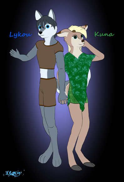 Lykou and Kuna standing side by side, holding hands.