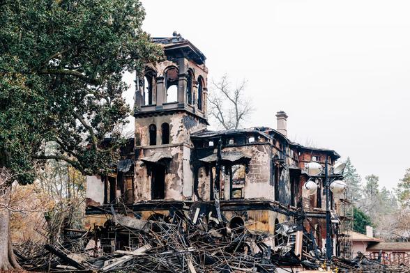 The burnt remains of the Bidwell Mansion in Chico, California following an arson attack