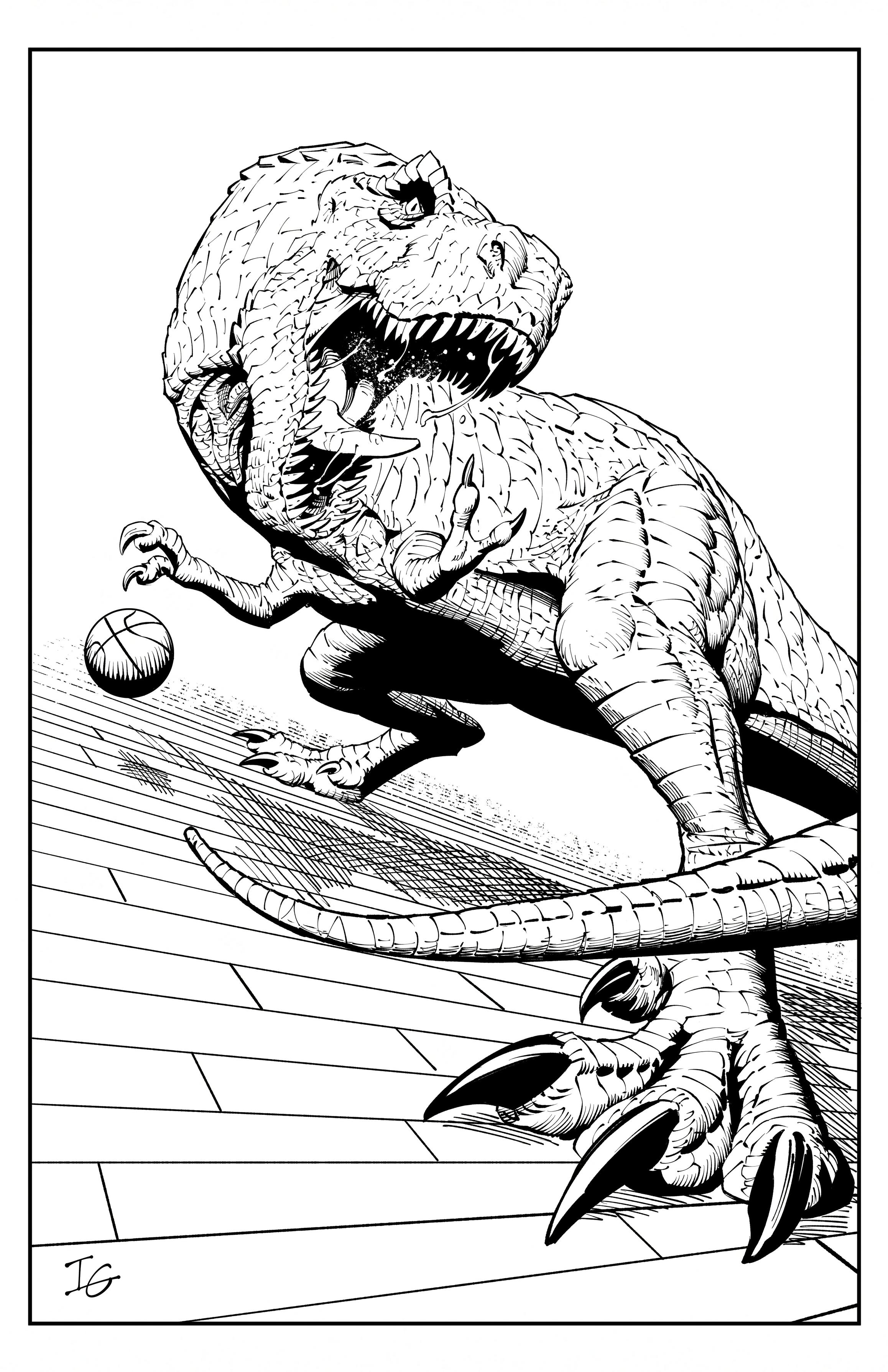 A digital ink drawing of a T-Rex dribbling a basketball.