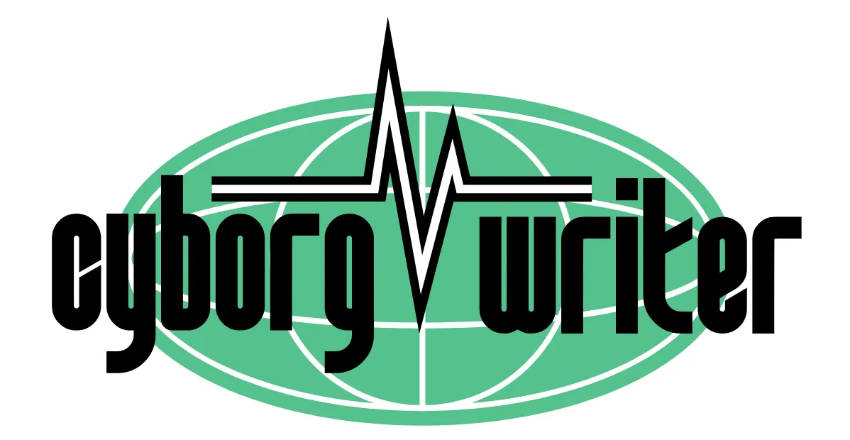 A badge in the shape of a green oval, with two words superimposed in black: "cyborg writer". Between the two words there is a black jagged icon that looks like a voltage pulse