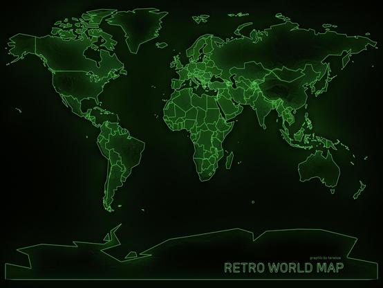 A visualisation of country borders in a 1980s retro style of illuminated green lines