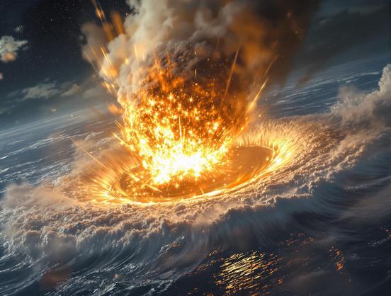 Illustration of the root, showing the impact of an asteroid over the ocean.