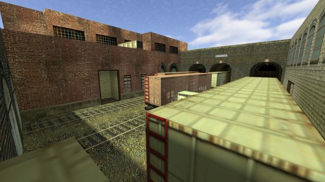 In this picture you can see the view from the opposite side. Only this time on a container wagon. You can see this and four other container wagons. And you can see the entrance to the alleyway. This is on the map de_train in the game Coubter-Strike 1.6.