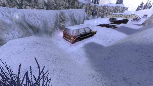 In this picture, a little bit away from the city, a snow-covered SUV is seen. In addition, the taillights and turn signals light up. In front of the SUV is a frozen lake, where a stone bridge leads over it and into a cave. This is on the map de_survive in the game Coubter-Strike 1.6.