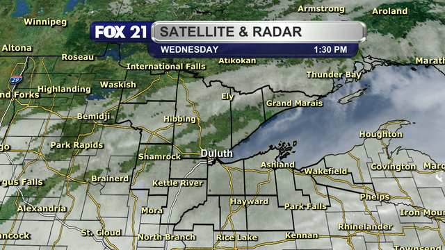 The satellite and radar over the Northland at 1:30 p.m. on Wednesday, February 12, 2025, shows a majority of locations with cloud cover.  Some sunshine is peeking through over the northern half of the region.  Any snow showers are outside the viewing area.