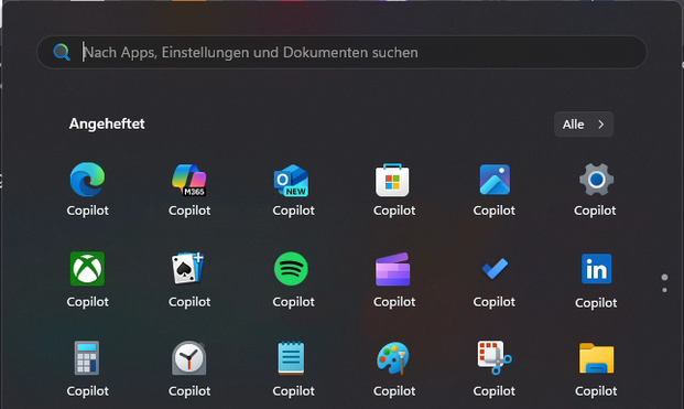 Windows 11 Startmenü, alle Programmnamen durch "Copilot" ersetzt.