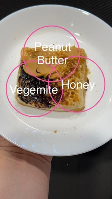 Well, technically it is a square crumpet, but you get the idea. The golden-brown, crunchy-cratered, surface of the toasted square crumpet is barely visible beneath its chosen, overlapping, condiments. Above the creation, three pink circles hover in a Venn Diagram of Peanut Butter, Honey, and Vegemite. All circles overlap equally. Don't judge me! For science!
