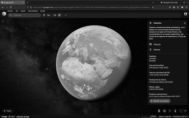 Google Earth mostra la regió correcta de Palestina, però col·loca la seva etiqueta en coordenades errades.

Google Earth muestra la región correcta de Palestina, pero coloca su etiqueta en coordenadas erróneas.

Google Earth displays the correct region of Palestine but places its label at incorrect coordinates.