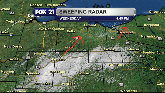 A view of the radar over the northwest Wisconsin portion of the Northland at 4:45 p.m. on Wednesday, February 12, 2025.  It shows a line of light snow showers from Highway 53 in Washburn County east through Sawyer, southern Ashland, and southern Iron counties.  They are moving rather quickly to the northeast, heading to the South Shore and Upper Peninsula regions by early evening.