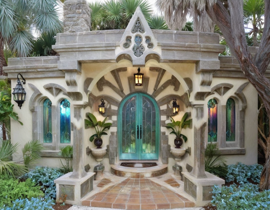 Elaborate stone carvings frame the porch and teal metal and glass door of a small stone house surrounded by trees and ground cover flowers. Viewed at the right angle, an ornate star shape is revealed.