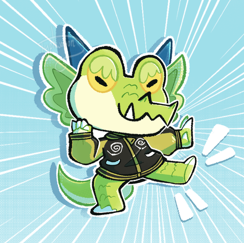 Art of a chibi Drago from Animal Crossing doing a karate kick.