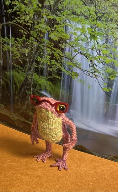 A heliotrope knitted frog with a light turquoise belly stands on a brown surface in front of a waterfall. He’s wearing shiny, dark red glasses.