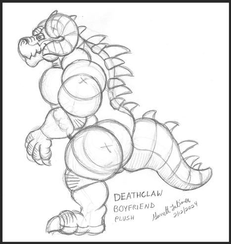 A pencil sketch of a buff deathclaw, viewed from the side.  This generously-proportioned plush would probably expand to a concerning degree when stuffed, to the point where a puff-puff might cause suffocation.