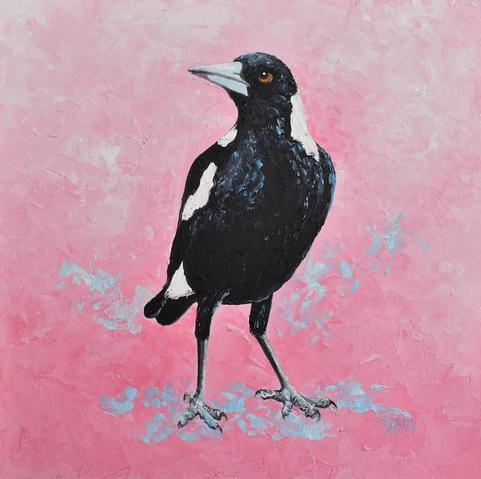 A black and white magpie bird stands against a vibrant pink background, creating a striking contrast. Shades of blue subtly accent the area around its feet, adding depth to the composition of this palette knife oil painting.