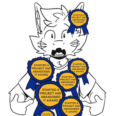a soyjak of rishin pointing at innumerable "STARTED A PROJECT AND ABANDONED IT AWARD" ribbons affixed to their shirt