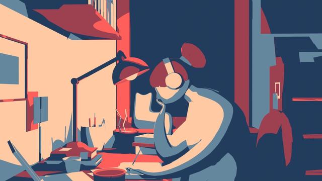 WIP of a cellshaded 3d-scene homage of the famous lo-fo girl illustration: a person is studying in a cosy room at night.