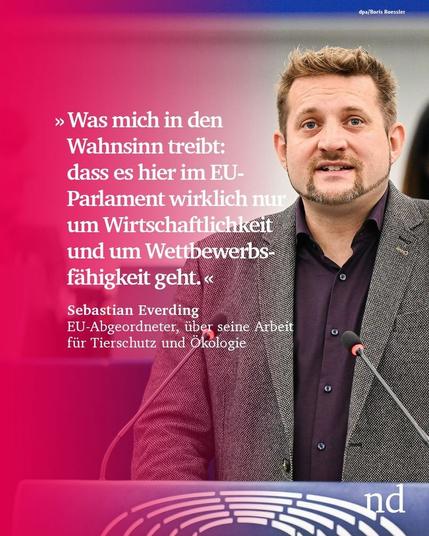 “Was mich in den Wahnsinn treibt: dass es hier im EU-Parlament wirklich nur um Wirtschaftlichkeit und um Wettbewerbsfähigkeit geht.”


Sebastian Everding, EU-Abgeordneter, über seine Arbeit für Tierschutz und Ökologie