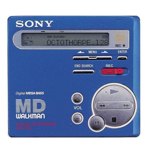 A blue Sony MiniDisc Walkman shows, on its LCD screen, “Now playing: Octothorpe_128”.
