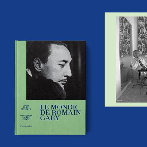 Couverture du livre "Le monde de Romain Gary" avec un grand portrait noir et blanc de Romain Gary sur fond vert clair