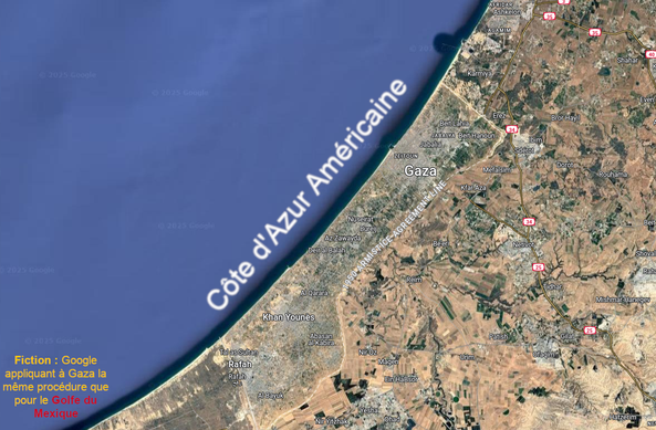 Fiction : Google appliquant à Gaza la même procédure que pour le Golfe du Mexique.

On voit la carte de GoogleMaps avec les termes "côte d'Azur Américaine" le long du bord de mer... À l'image du changement de nom du Golfe du Mexique en Golfe d'Amérique.