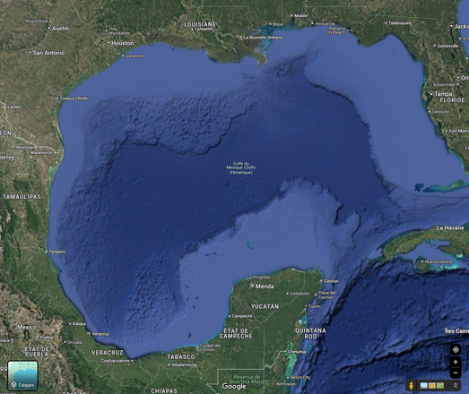 Carte GoogleMaps centrée le Golfe du Mexique et générée depuis ce que Google pense être la France...
Les termes "Golfe d'Amérique" sont entre parenthèse et le nom original est encore présent : Golfe du Mexique.
