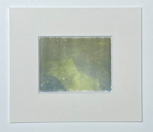 Fuji polaroid transfer onto Arches platine paper. Showing a rocky shoreline. Mounted