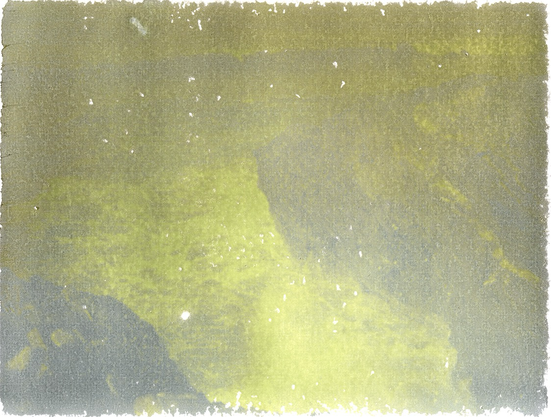 Fuji polaroid transfer onto Arches platine paper. Showing a rocky shoreline. Not mounted