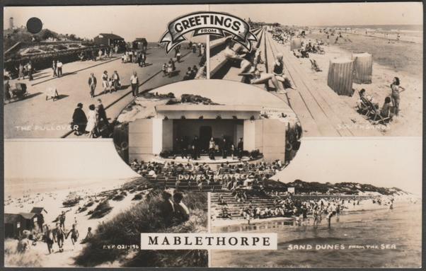 Monochrome real photographic multiview postcard showing five views of Mablethorpe in Lincolnshire. Views shown are The Pullover, Southsands, Sand Dunes from the Sea, Sand Dunes and the Dunes Theatre.
Published by Charles N. Jamsen, Empire View Productions, Doncaster, No 021-196, c.1950s.
Postally unused.
Good condition, with minimal corner bumps, but unfortunately a hole has been punched to top left corner.