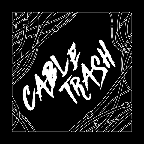 white on black graphic:
snaking cables form a frame around the text CABLE TRASH