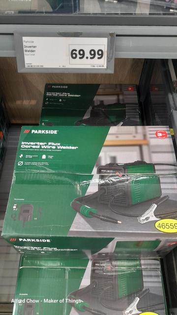 A shelf in the Lidl store showing a stack of boxed welders. A price display shows £69.99.