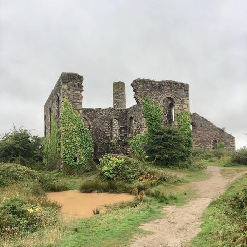 Das Foto zeigt die Ruine eines alten Steingebäudes an einem bewölkten Tag. Die Mauern des Gebäudes sind teilweise mit grünem Efeu bewachsen und weisen mehrere Fensteröffnungen auf. Ein Schornstein steht noch aufrecht. Im Vordergrund befindet sich ein kleiner, schlammiger Teich und ein sandiger Pfad, der am Gebäude vorbeiführt. Die Vegetation um das Gebäude herum besteht aus niedrigem Gras, Büschen und einigen Bäumen. Der Himmel ist grau und bedeckt.