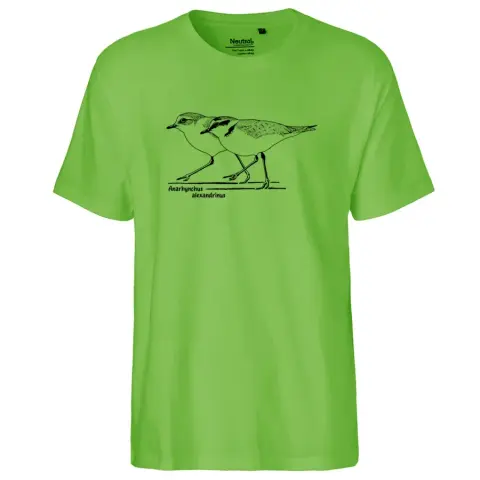 das bild zeigt ein hellgrünes t-shirt mit einem schwarzen siebdruck des seeregepfeifers.