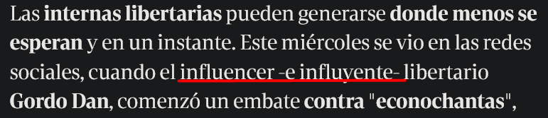 Captura de pantalla de un artículo del portal de noticias Clarín punto com, en donde se subraya que el autor del texto escribió: «influencer e influyente».