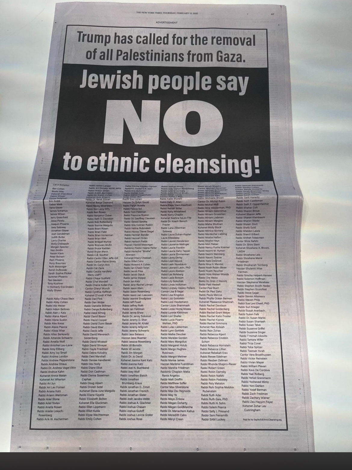 Jewish people say NO to ethnic cleansing