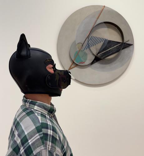 A person is wearing a black neoprene puppy hood with pointed ears and a camouflage-patterned snout attachment, evoking a playful and expressive pup persona.

The hood is a common accessory in the pup play community. 

The individual is dressed casually in a green and white plaid shirt, creating an intriguing juxtaposition between the playful, fetish-oriented headgear and everyday attire.


In the background, there is a modern, abstract wall sculpture featuring overlapping circular shapes, geometric lines, and muted colors. The artwork adds an artistic air to the scene, contrasting with the bold and expressive nature of the hood. 

The composition creates the illusion of the pup shout booping the pointed section of the piece, blending elements of personal expression with contemporary art.