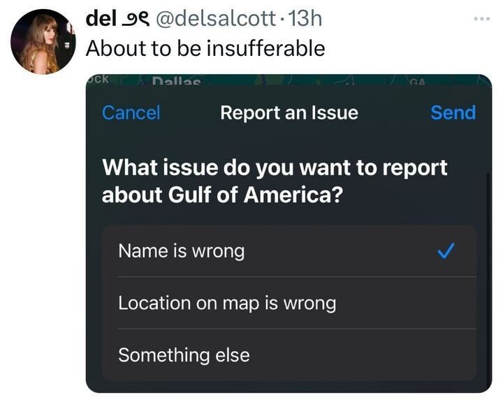 A tweet from user @delsalcott features a screenshot of a reporting interface. The interface asks, "What issue do you want to report about Gulf of America?" with the option "Name is wrong" selected. Other options include "Location on map is wrong" and "Something else." The tweet's caption reads, "About to be insufferable," implying the user is about to correct the incorrect name, as "Gulf of America" is not a real geographic term (likely referring to the Gulf of Mexico).