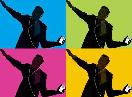 A stylized illustration of Elon Musk in a suit wearing white headphones, posed with one arm raised performing a Nazi salute while holding an iPod. The image is divided into four quadrants featuring different colorful backdrops: blue, green, pink, and yellow. ( Original Illustration by Olga Tseytlin: https://pittnews.com/article/staff_name/olga-tseytlin-staff-illustrator/ )
