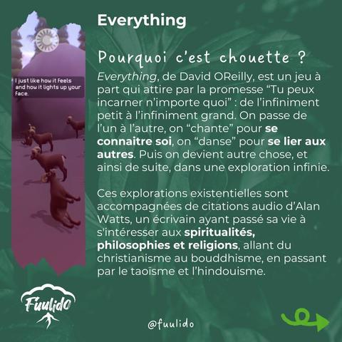 Pourquoi c’est chouette ?
Everything, de David OReilly, est un jeu à part qui attire par la promesse “Tu peux incarner n’importe quoi” : de l’infiniment petit à l’infiniment grand. On passe de l’un à l’autre, on “chante” pour se connaitre soi, on “danse” pour se lier aux autres. Puis on devient autre chose, et ainsi de suite, dans une exploration infinie. 
Ces explorations existentielles sont accompagnées de citations audio d’Alan Watts, un écrivain ayant passé sa vie à s'intéresser aux spiritualités, philosophies et religions, allant du christianisme au bouddhisme, en passant par le taoïsme et l’hindouisme.