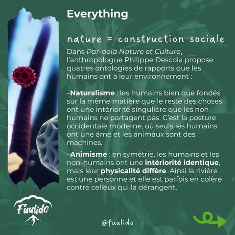 La nature est une construction sociale
Dans Par-delà Nature et Culture, l’anthropologue Philippe Descola propose quatres ontologies de rapports que les humains ont à leur environnement : 

–Naturalisme : les humains bien que fondés sur la même matière que le reste des choses ont une intériorité singulière que les non-humains ne partagent pas. C’est la posture occidentale moderne, où seuls les humains ont une âme et les animaux sont des machines.

–Animisme : en symétrie, les humains et les non-humains ont une intériorité identique, mais leur physicalité diffère. Ainsi la rivière est une personne et elle est parfois en colère contre celleux qui la dérangent.