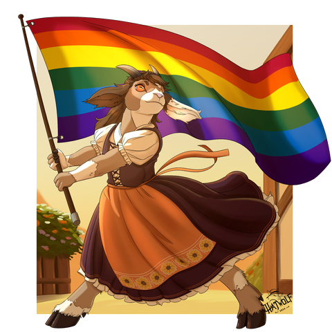 An anthropomorphic goat wearing a traditional peasant dress stands in a warm, sunlit scene, holding a large rainbow Pride flag aloft. The flowing orange-and-brown skirt features floral embroidery, and her determined expression reflects a sense of celebration and solidarity. A wooden building and blooming flowers appear faintly in the background, emphasizing the joyful, uplifting atmosphere.