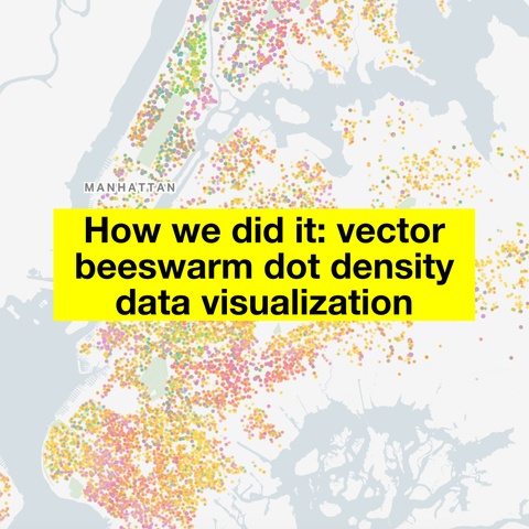 A map of New York overlaid with the text "How we did it: vector beeswarm dot density data visualization"