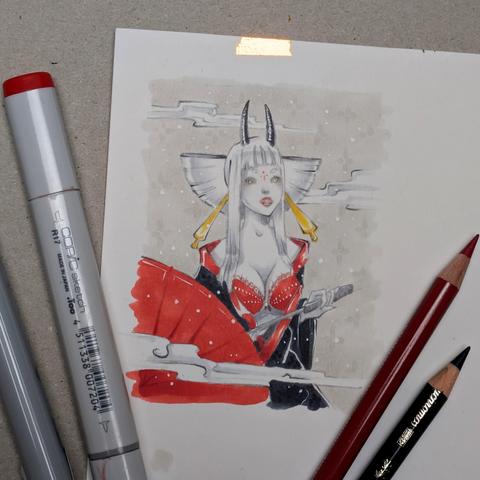 Woman in a slightly japanese style, bust portrait, she's wearing an open black kimono with red trim and a red bra, holding a red umbrella in front if her. She has white hair, yellow eyes with a dark sclera and straight horns on her head. She is surrounded by smoke clouds.