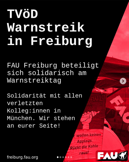 In rot schwarz gehaltener Hintergrund

mit der Ankündigung:
TVöD Warnstreik in Freiburg

@FAU_Freiburg@todon.nl beteiligt sich solidarisch am Warnstreiktag 

Solidarität mit allen verletzten Kolleg:innen in München.
Wir stehen an eurer Seite!